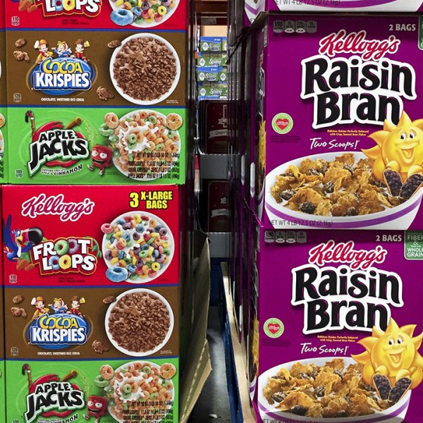 Boxes of Kellogg's cereals including Froot Loops, Cocoa Krispies and Raisin Bran are seen at a store in Arlington, Virginia, December 1, 2016.