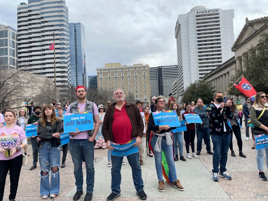 Advocates gather for a rally at the state Capitol complex in Nashville, Tenn., to oppose a series of bills that target the LGBTQ community.