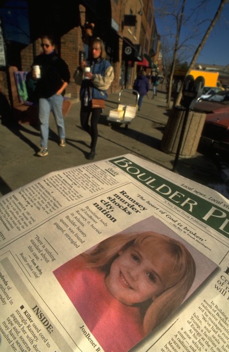 A newspaper showing JonBenet Ramsey.