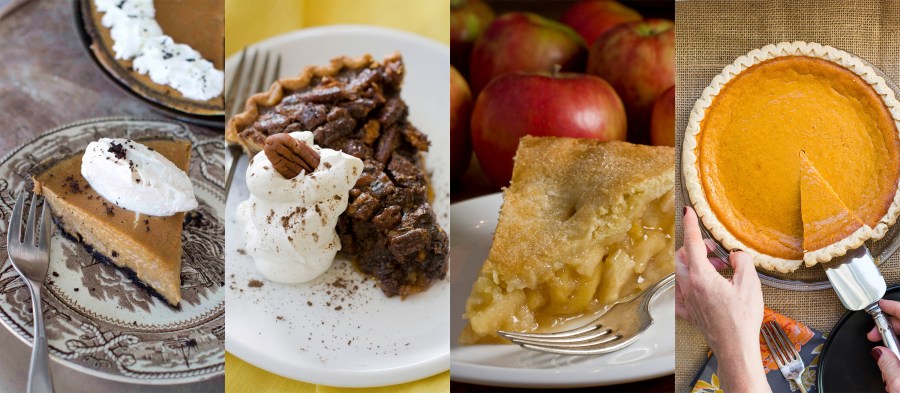 This combination of photos shows various pieces of pie, from left, pumpkin, pecan, apple and sweet potato. The Associated Press-NORC Center for Public Affairs Research looks at the state of the country's Thanksgiving favorites. (AP Photo)