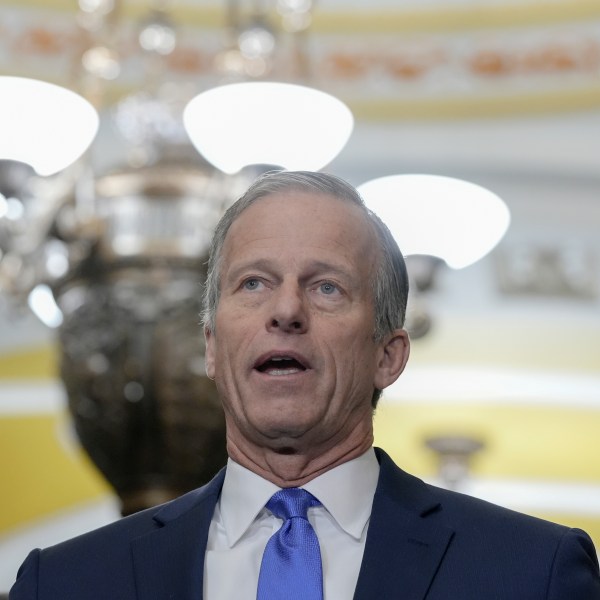 Senator John Thune, R-S.D., talks after a policy luncheon on Capitol Hill Tuesday, Feb. 27, 2024, in Washington. (AP Photo/Mariam Zuhaib)