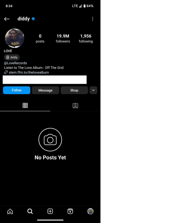 A screenshot of Sean "Diddy" Combs' Instagram page on June 21, 2024.