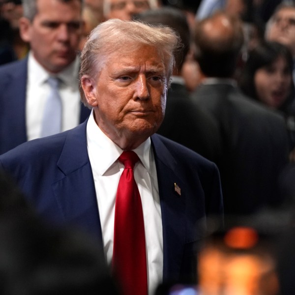 Republican presidential nominee former President Donald Trump speaks to reporters in the spin room after a presidential debate with Democratic presidential nominee Vice President Kamala Harris, Tuesday, Sept. 10, 2024, in Philadelphia. (AP Photo/Matt Slocum)