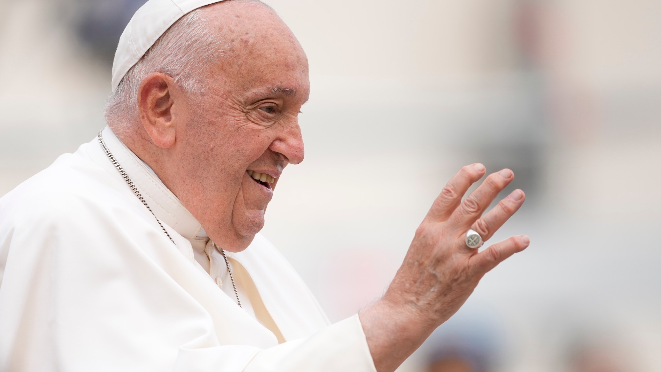 Pope Francis leaves at the end of his weekly general audience in St. Peter's Square, at the Vatican, Wednesday, Sept. 18, 2024. (AP Photo/Andrew Medichini)