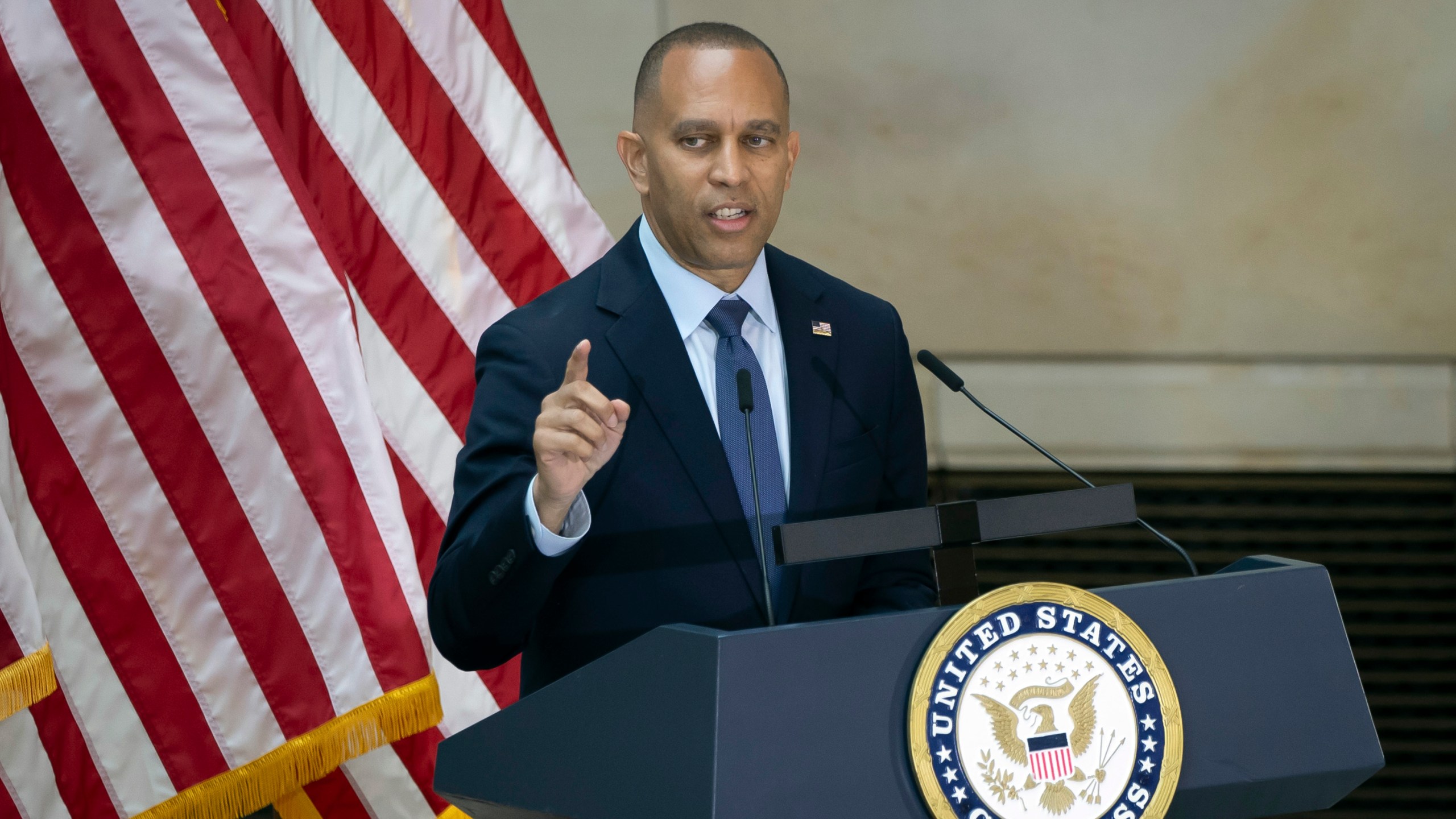 House Minority Leader Hakeem Jeffries, D-N.Y., speaks at the unveiling of a bronze statue of singer Johnny Cash, created by Little Rock sculptor Kevin Kresse, in Emancipation Hall at the Capitol in Washington, Tuesday, Sept. 24, 2024. (AP Photo/Ben Curtis)