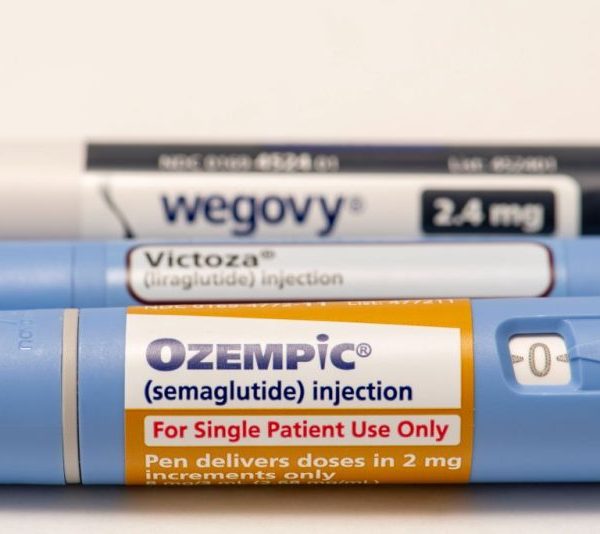 Still life closeup of the big three injectable prescription weight loss medicines. Ozempic, Victoza and Wegovy.