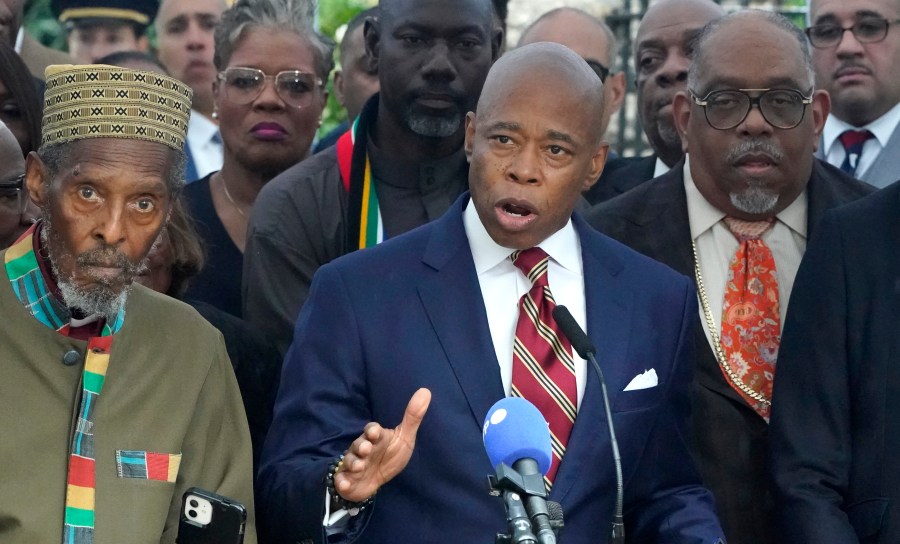 New York City Mayor Eric Adams talks to the press outside Gracie Mansion.