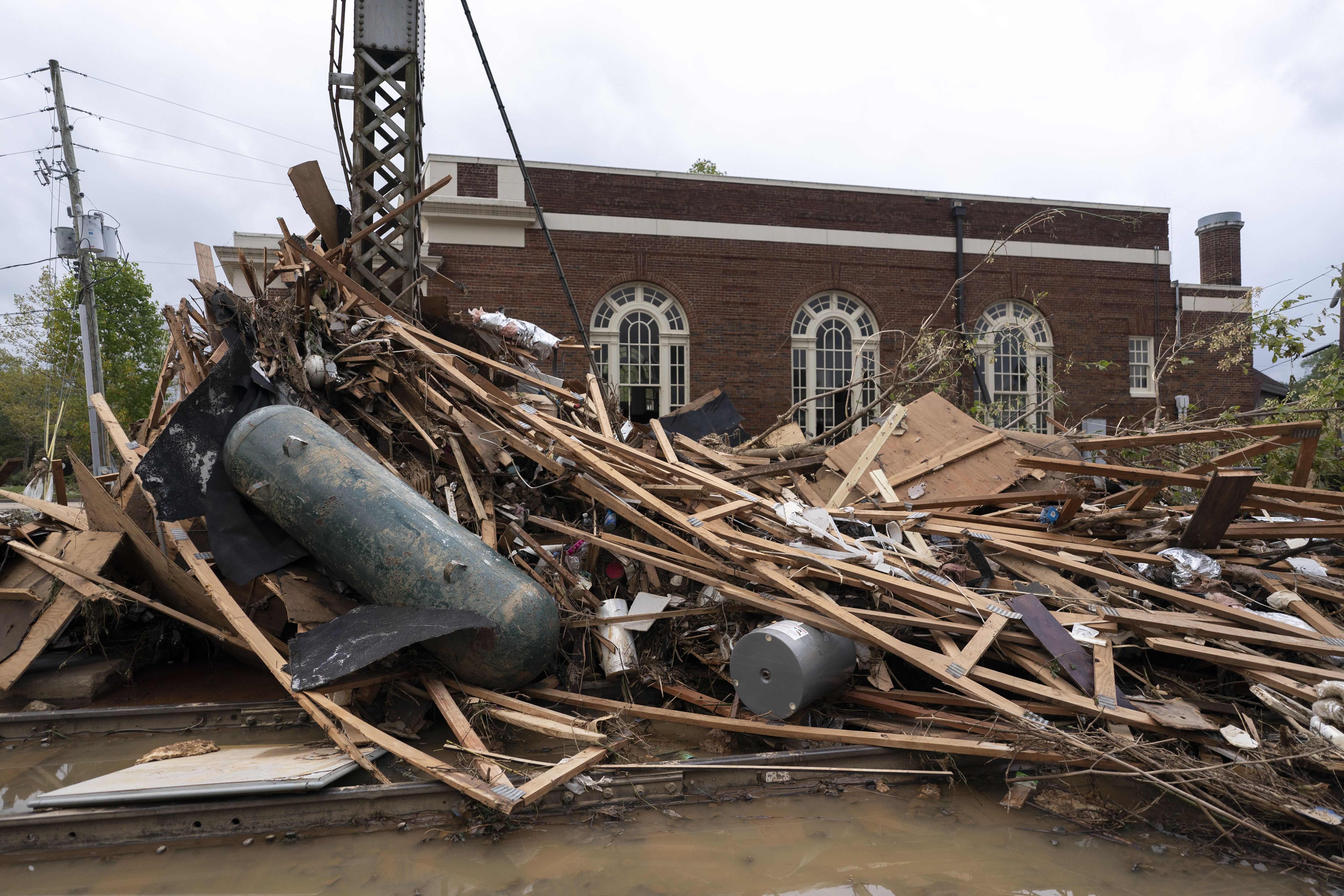 Storm damage in the Biltmore Village in the aftermath of Hurricane Helene on September 28, 2024 in Asheville, North Carolina