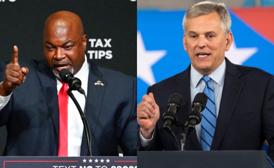 A split image with North Carolina Republican candidate for governor Mark Robinson on the left and Democratic candidate Josh Stein on the right. 
