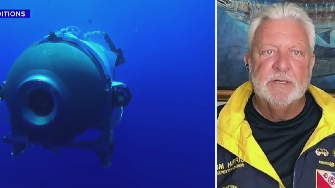 A composite image of the Titan submersible and G. Michael Harris, a Titanic expedition leader.