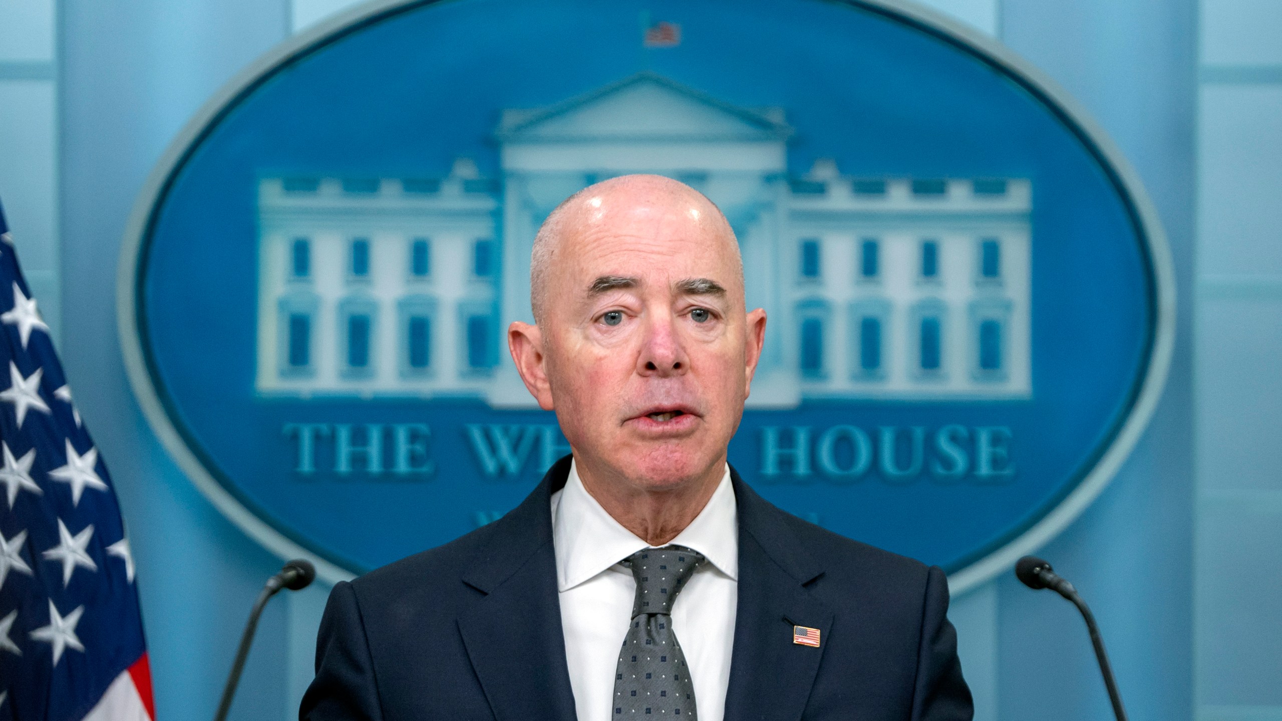 Homeland Security Secretary Alejandro Mayorkas speaks Tuesday, Oct. 1, 2024, during a briefing at the White House in Washington. (AP Photo/Mark Schiefelbein)