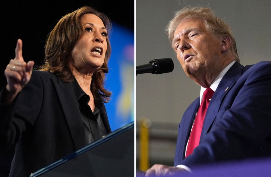 This combination photo shows Kamala Harris and Donald Trump at rallies.