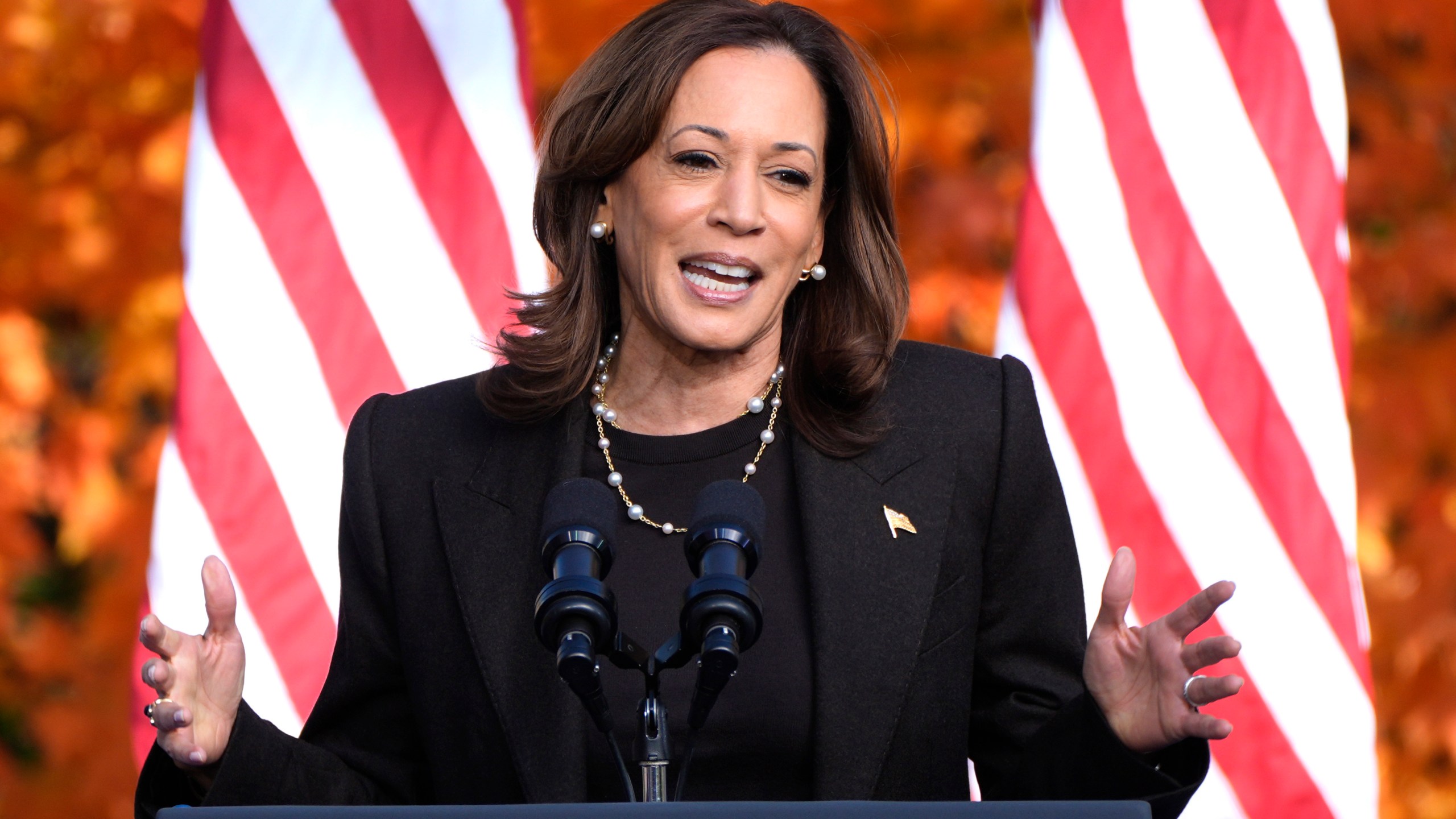 Democratic presidential nominee Vice President Kamala Harris speaks at a campaign rally in Riverside Park, Friday, Oct. 18, 2024, in Grand Rapids, Mich. (AP Photo/Paul Sancya)