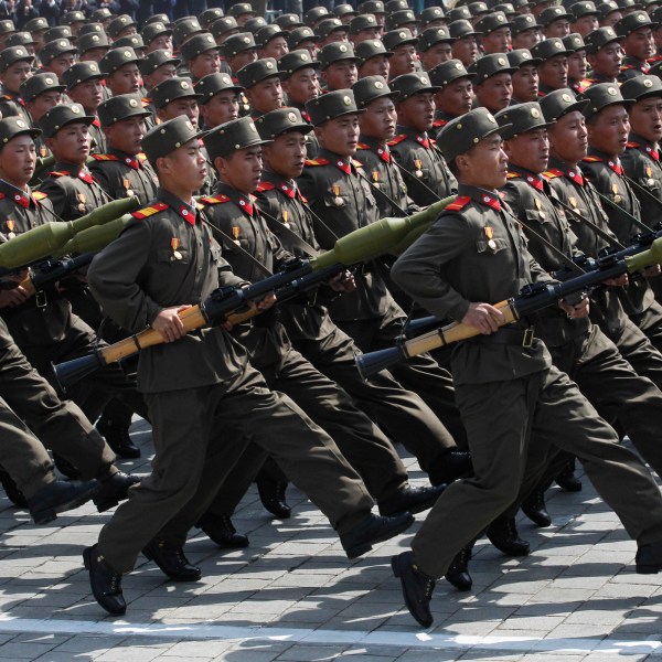 FILE - North Korean soldiers march during a mass military parade in Pyongyang's Kim Il Sung Square to celebrate 100 years since the birth of North Korean founder, Kim Il Sung on April 15, 2012. (AP Photo/Ng Han Guan, File)