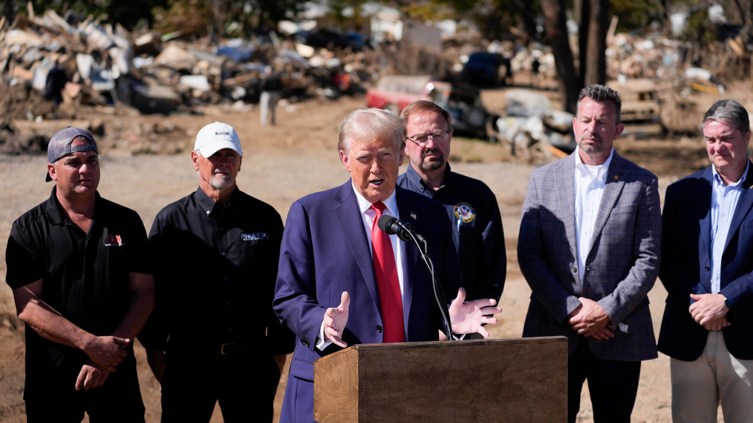 Republican presidential nominee former President Donald Trump delivers remarks on the damage and federal response to Hurricane Helene, Monday, Oct. 21, 2024, in Swannanoa, N.C. (AP Photo/Evan Vucci)