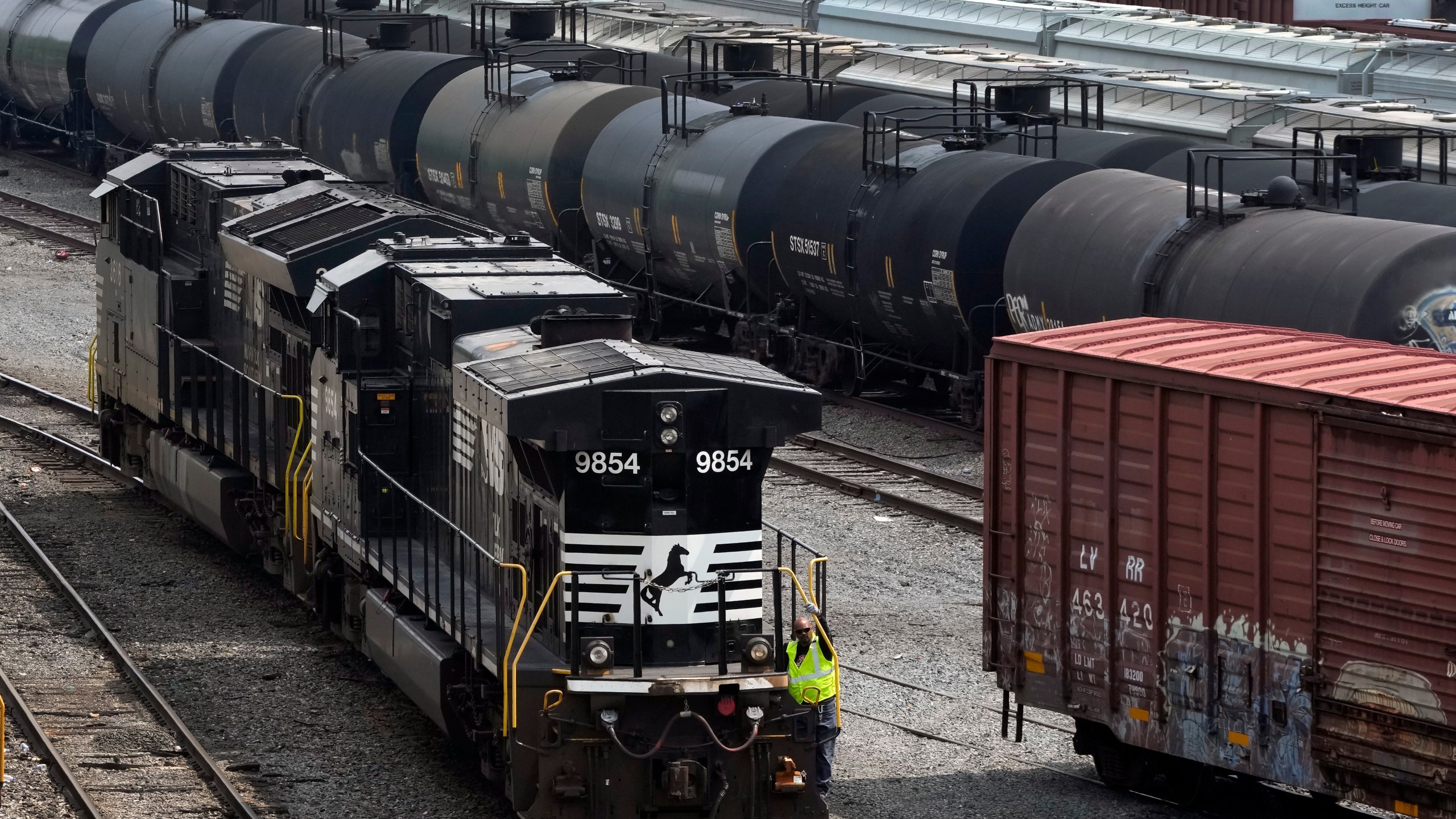 FILE - Norfolk Southern locomotives are moved through the Conway Terminal in Conway, Pa., on June 17, 2023. (AP Photo/Gene J. Puskar, File)