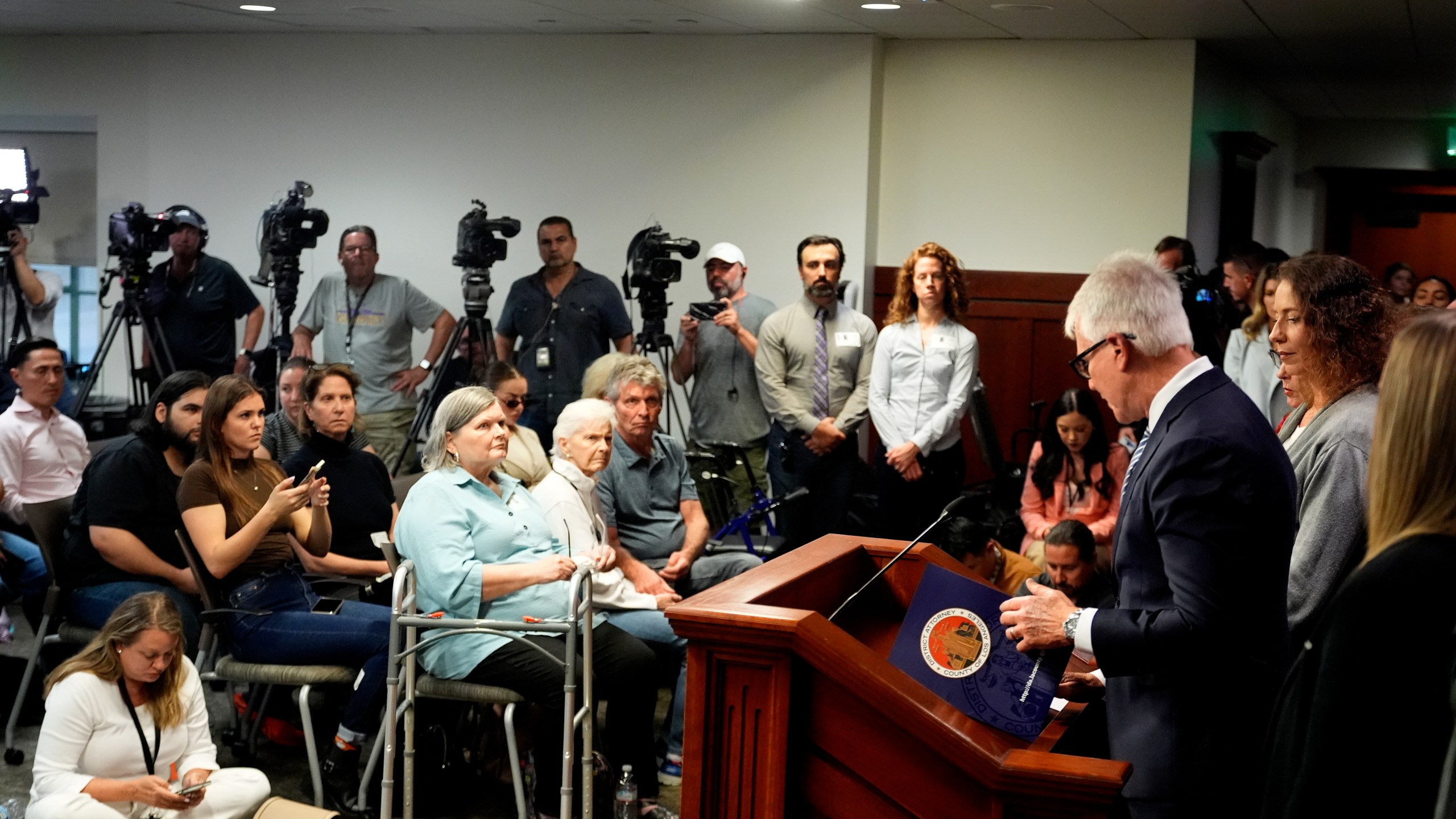Los Angeles County District Attorney George Gascon, talks during a news conference at the Hall of Justice on Thursday, Oct. 24, 2024, in Los Angeles. (AP Photo/Damian Dovarganes)