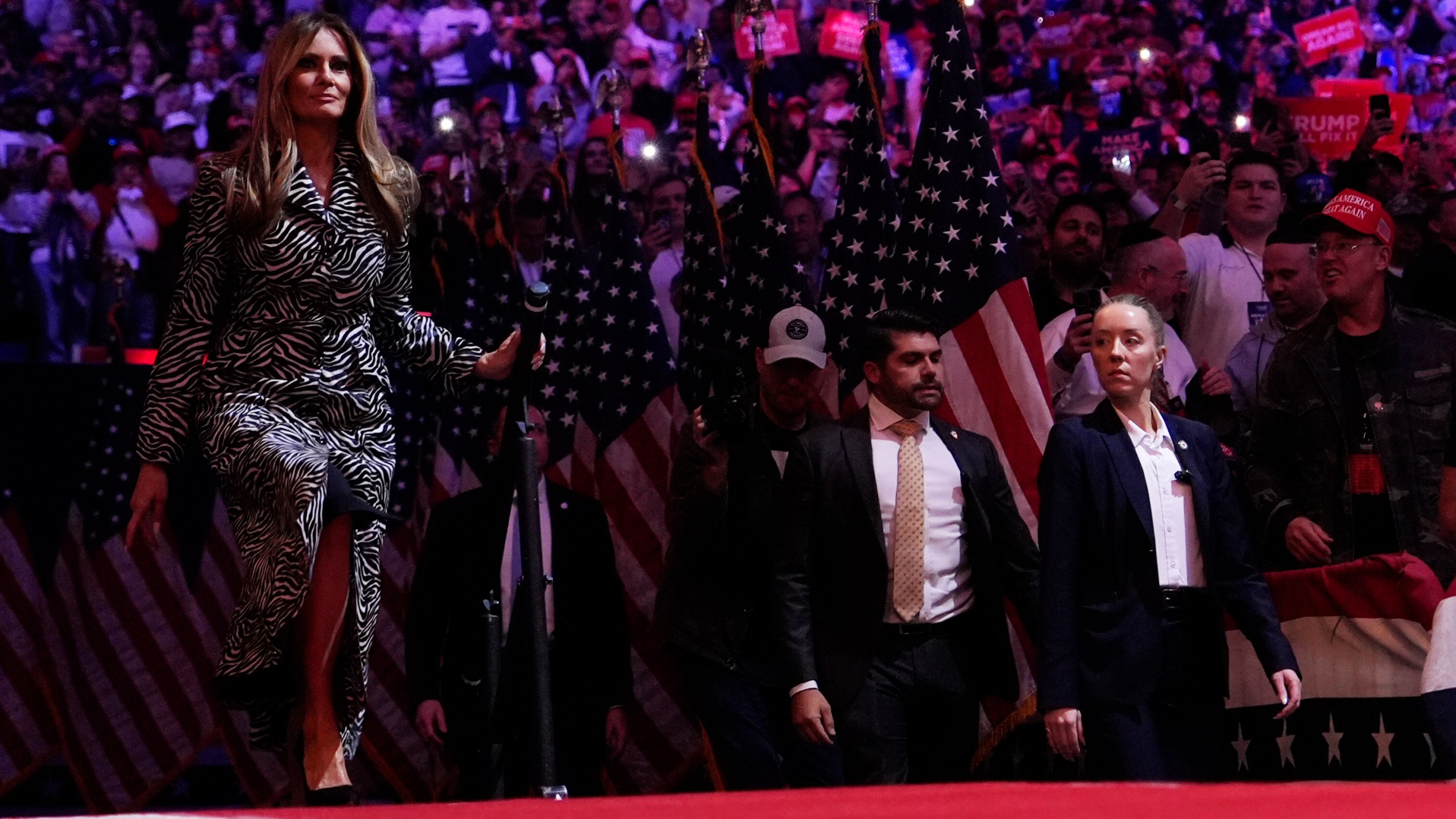 Former first lady Melania Trump arrives to speak at a campaign rally for Republican presidential nominee former President Donald Trump at Madison Square Garden, Sunday, Oct. 27, 2024, in New York. (AP Photo/Julia Demaree Nikhinson)