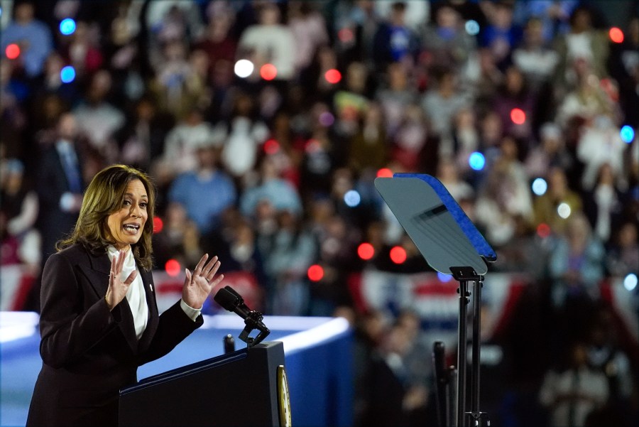 Democratic presidential nominee Vice President Kamala Harris speaks during a campaign rally on the Ellipse in Washington, Tuesday, Oct. 29, 2024. (AP Photo/Evan Vucci)