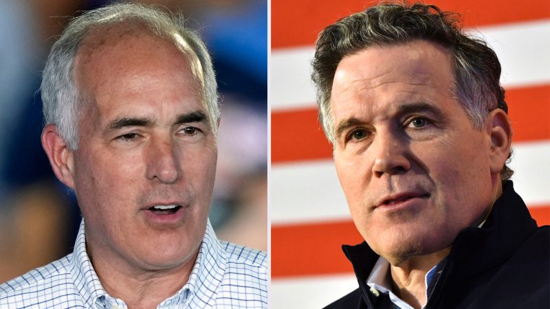 A combination photo showing Sen. Bob Casey and Republican challenger David McCormick.