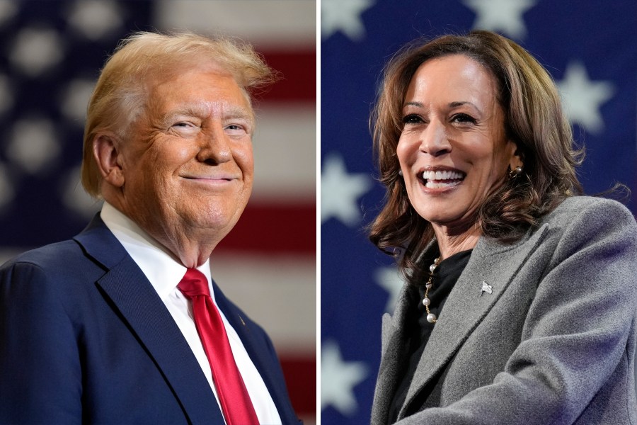 Donald Trump and Kamala Harris smile in a composite photo.