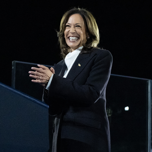 A picture of Kamala Harris during a rally.