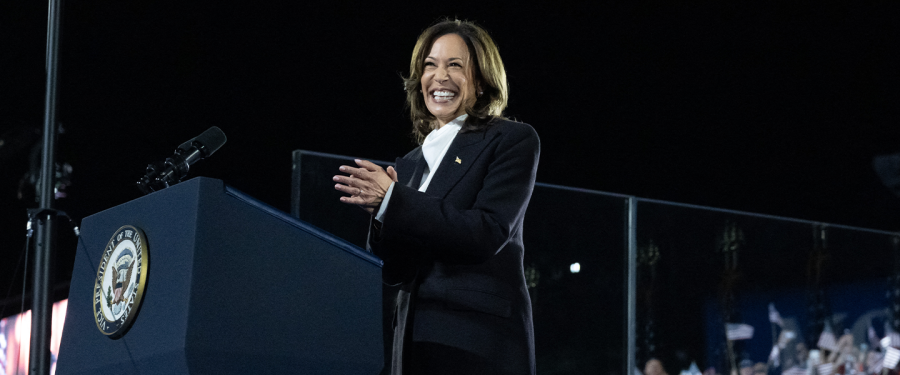 A picture of Kamala Harris during a rally.