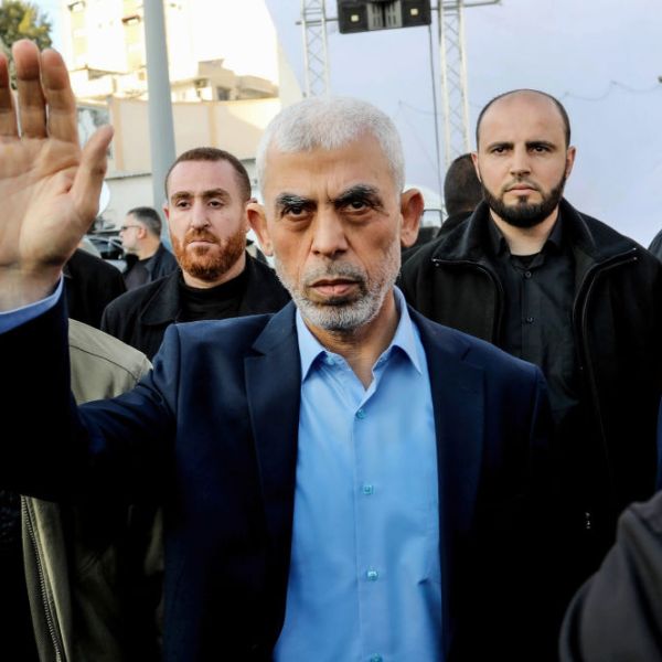 Yahya Sinwar, head of the Palestinian Islamic movement Hamas in the Gaza Strip, waves to a crowd last year.