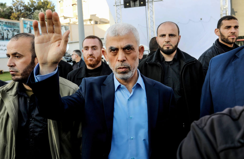 Yahya Sinwar, head of the Palestinian Islamic movement Hamas in the Gaza Strip, waves to a crowd last year.