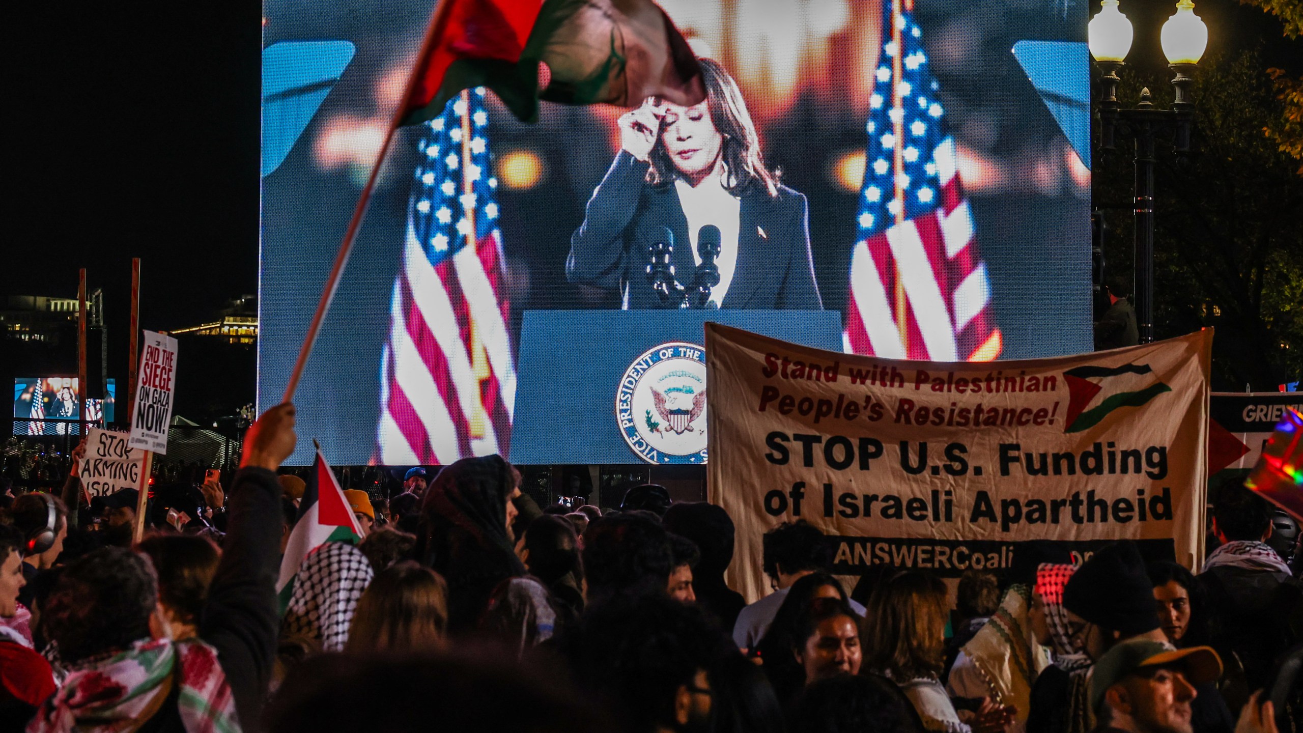 Pro-Palestine protesters at a Harris rally are shown.