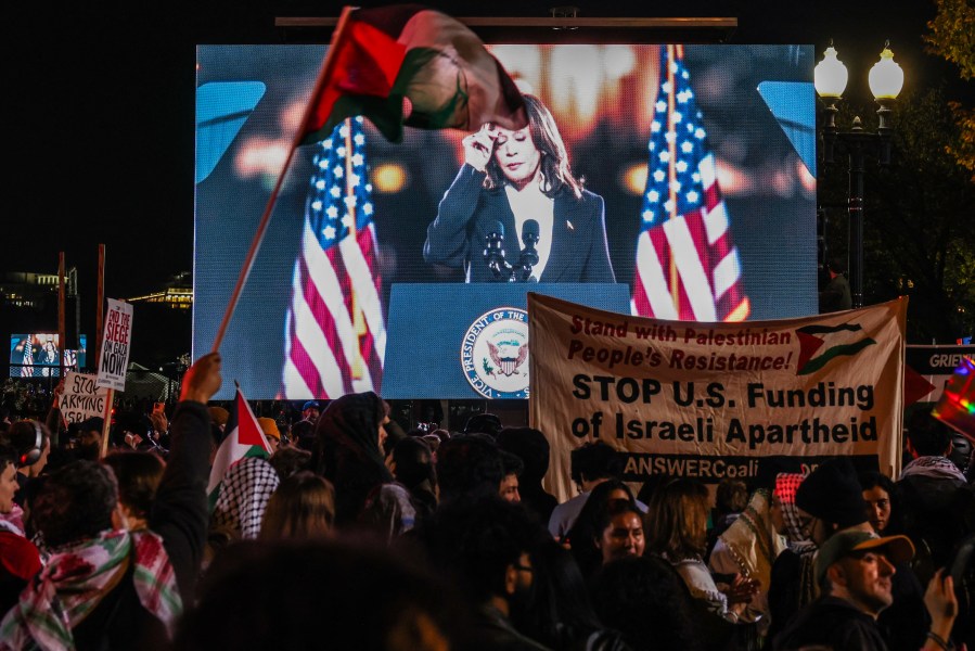 Pro-Palestine protesters at a Harris rally are shown.