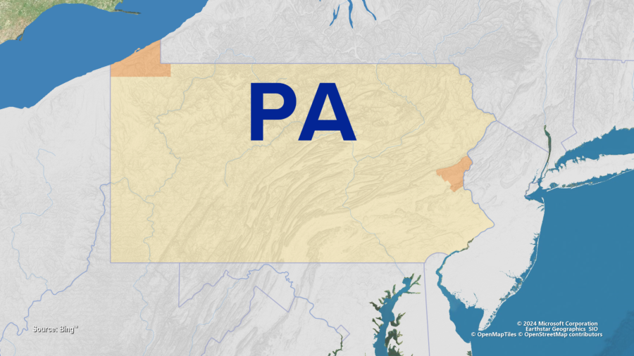 A picture of Pennsylvania with Erie County and Northampton County highlighted.