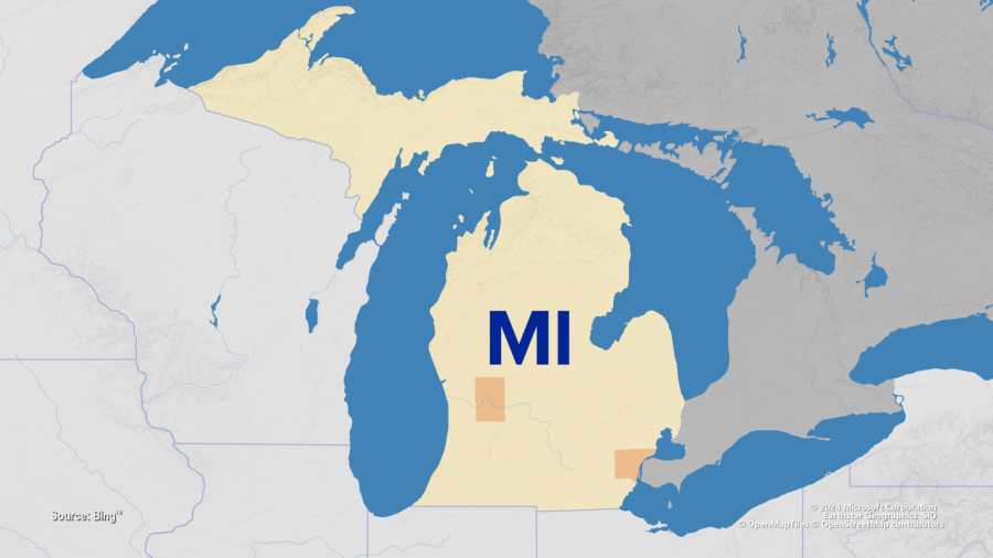 A picture of Michigan with Kent County and Wayne County highlighted.