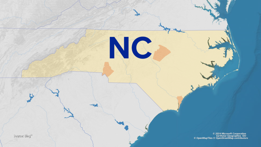 A picture of North Carolina with Mecklenburg County and Wake County highlighted.