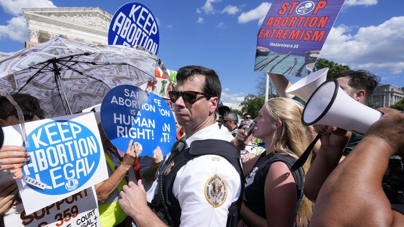 Abortion rights activists and Women's March leaders protest as part of a national day of strike actions outside the Supreme Court in June 2024.