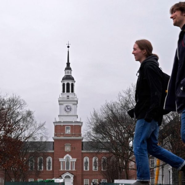Students walk at Dartmouth College, March 5, 2024, in Hanover, N.H.