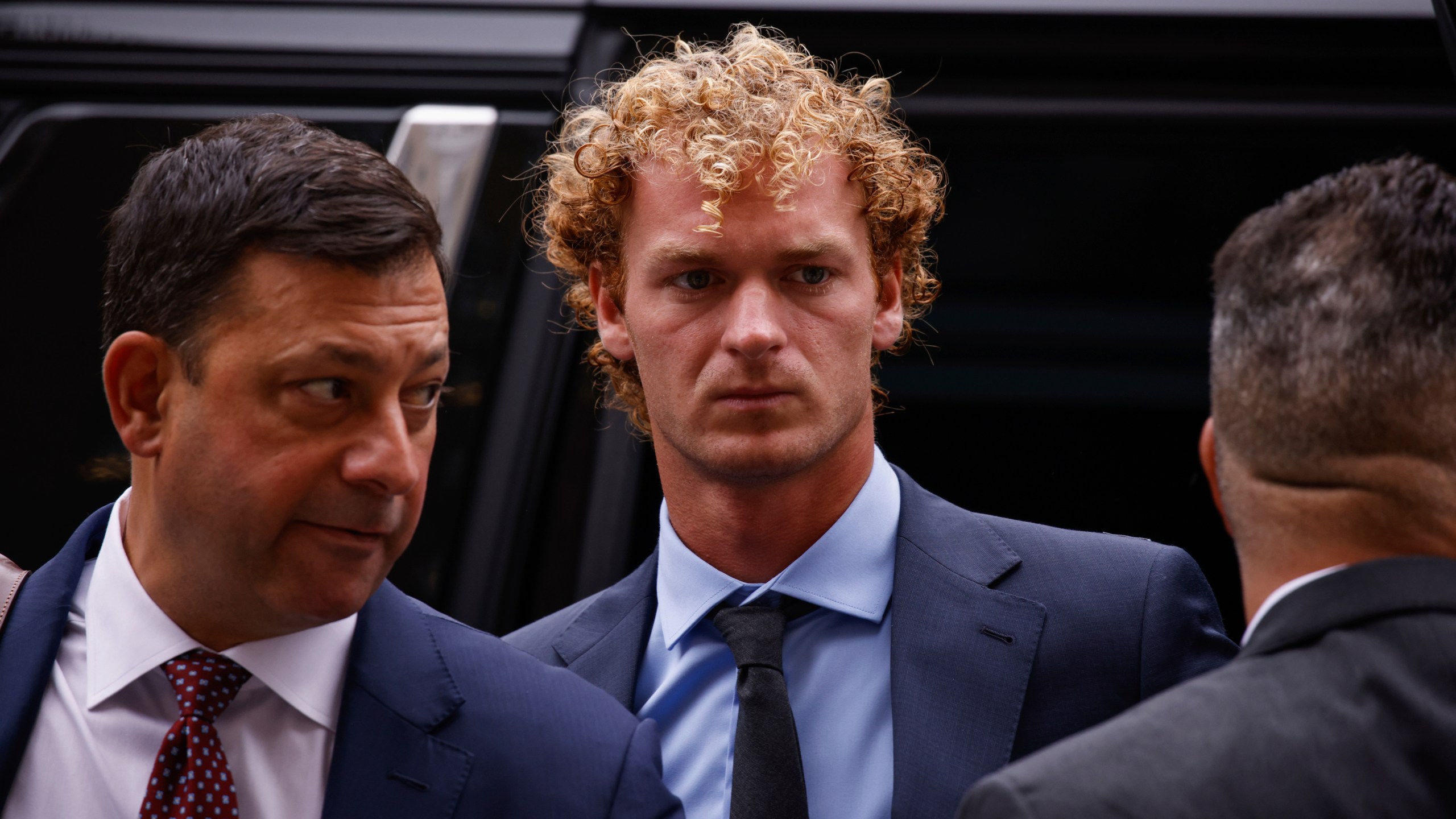 Daniel Penny, accused of choking a distressed Black subway rider to death, arrives for opening statements in New York, Friday, Nov. 1, 2024.(AP Photo/Kena Betancur)