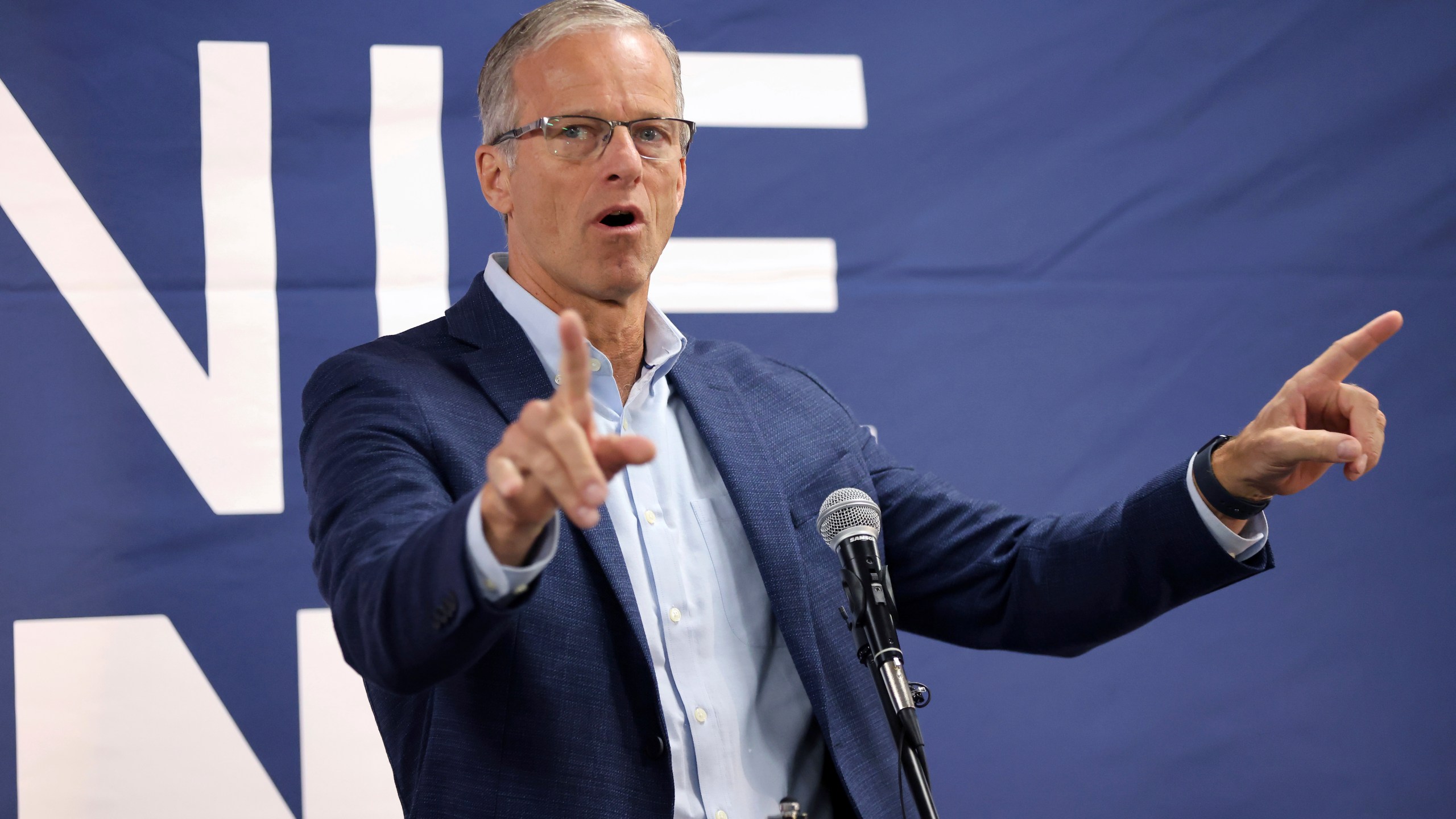 Sen. John Thune of South Dakota, speaks in support of Ohio Republican candidate for the United States Senate, Bernie Moreno (not pictured) during a bus tour stop for the Ohio Senate race in Columbus, Ohio, Monday, Oct. 28, 2024. (AP Photo/Joe Maiorana)