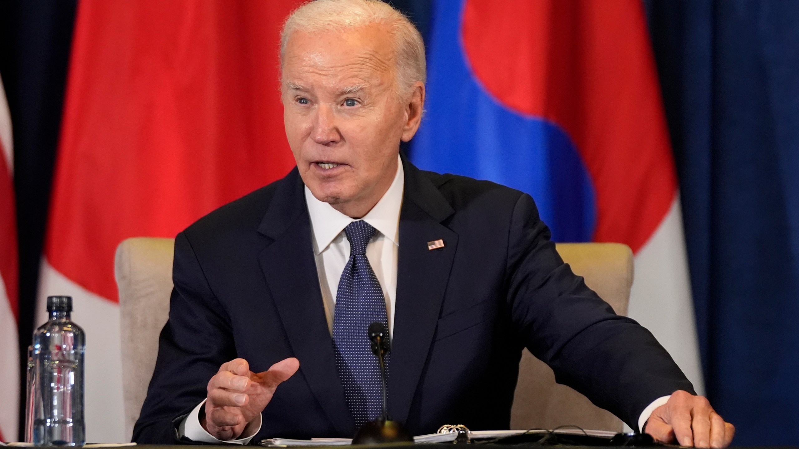 President Joe Biden speaks during a trilateral meeting with the Prime Minister of Japan Shigeru Ishiba and the President of South Korea Yoon Suk Yeol in Lima, Peru, Friday, Nov. 15, 2024. (AP Photo/Manuel Balce Ceneta)