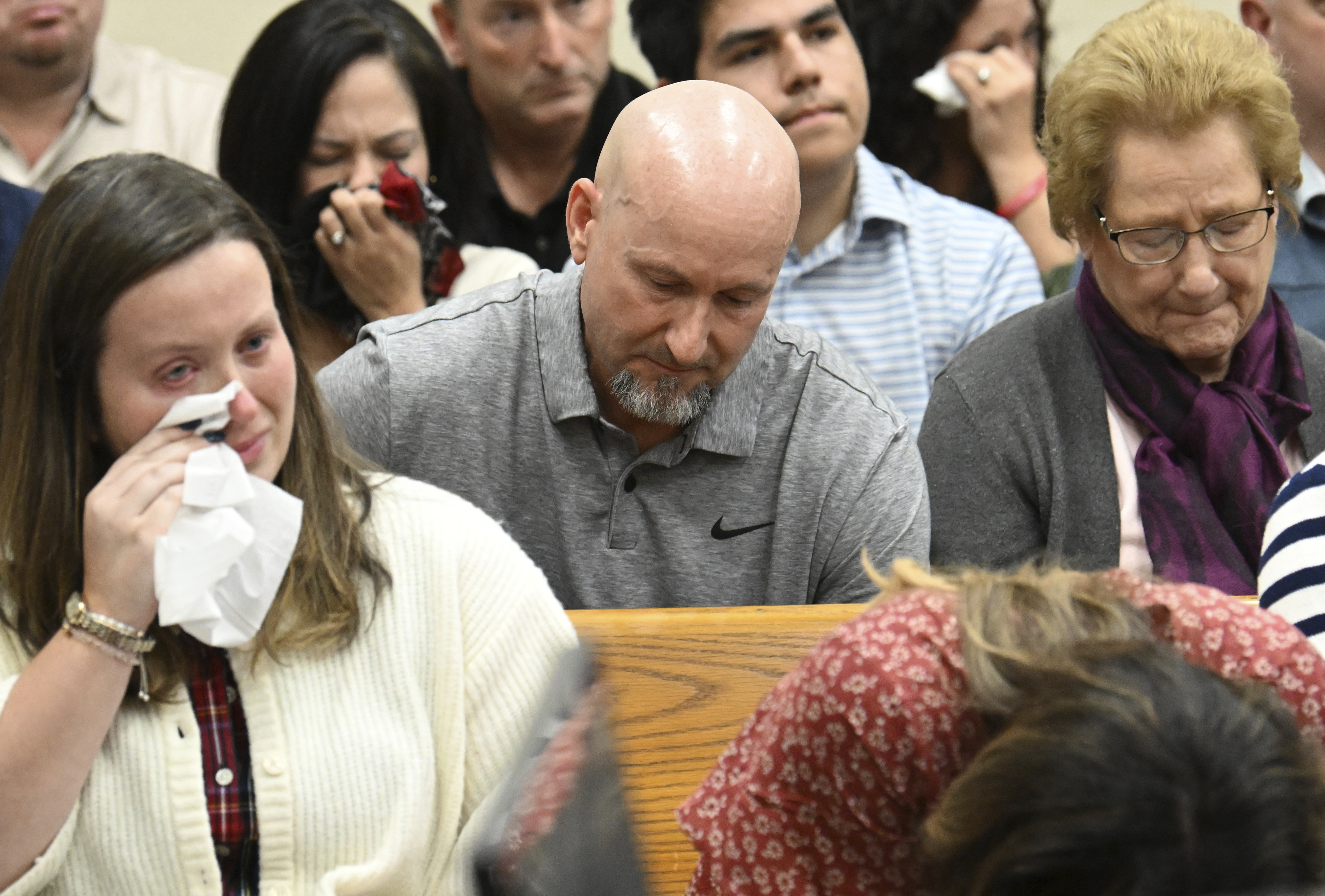 John Phillips, stepfather of Laken Riley, reacts as Superior Court Judge H. Patrick Haggard announces the verdict during a trial of Jose Ibarra at Athens-Clarke County Superior Court, Wednesday, Nov. 20, 2024, in Athens, Ga. (Hyosub Shin/Atlanta Journal-Constitution via AP, Pool)
