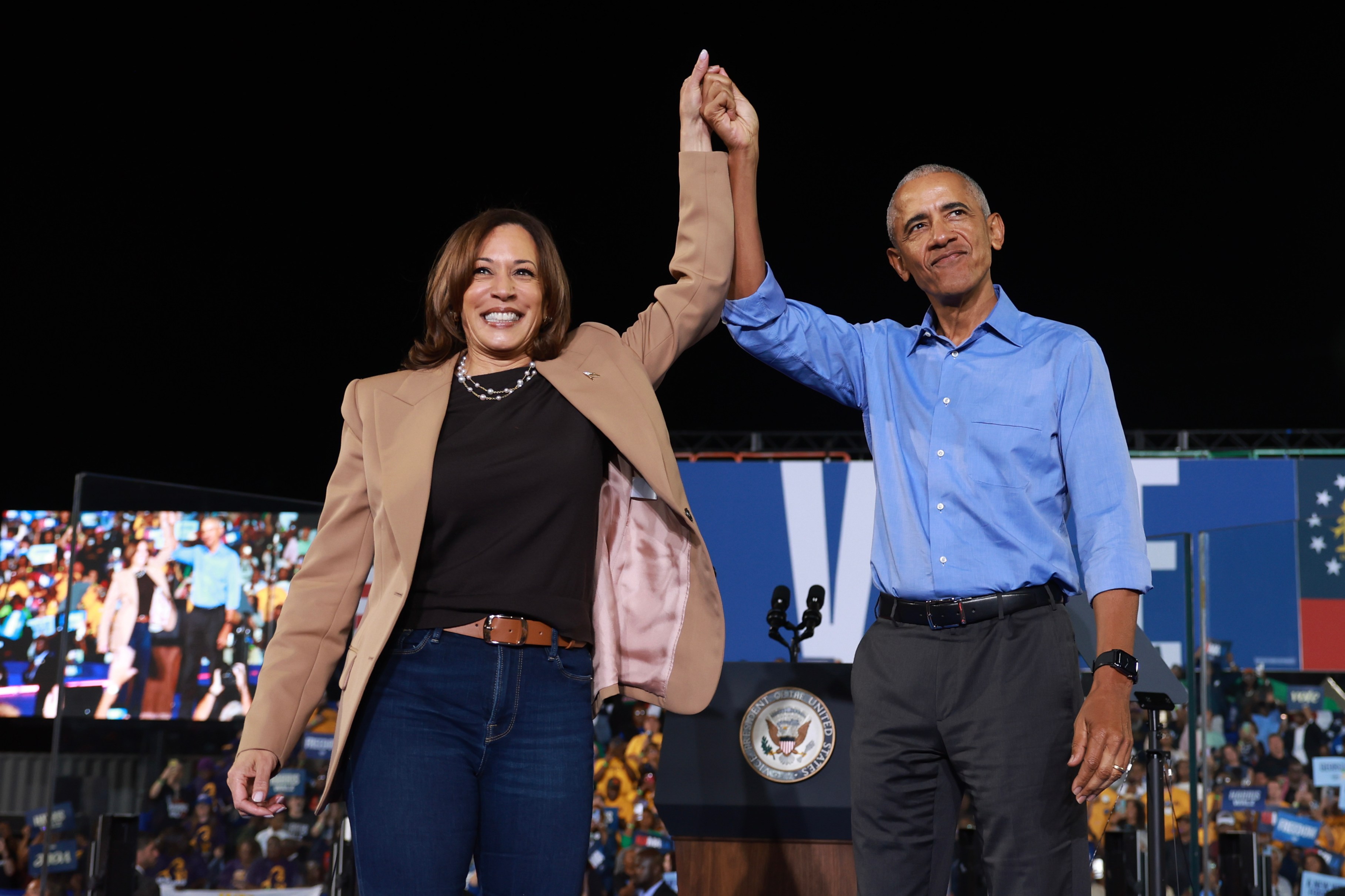 Kamala Harris, campaigns with former President Barack Obama on October 24, 2024.
