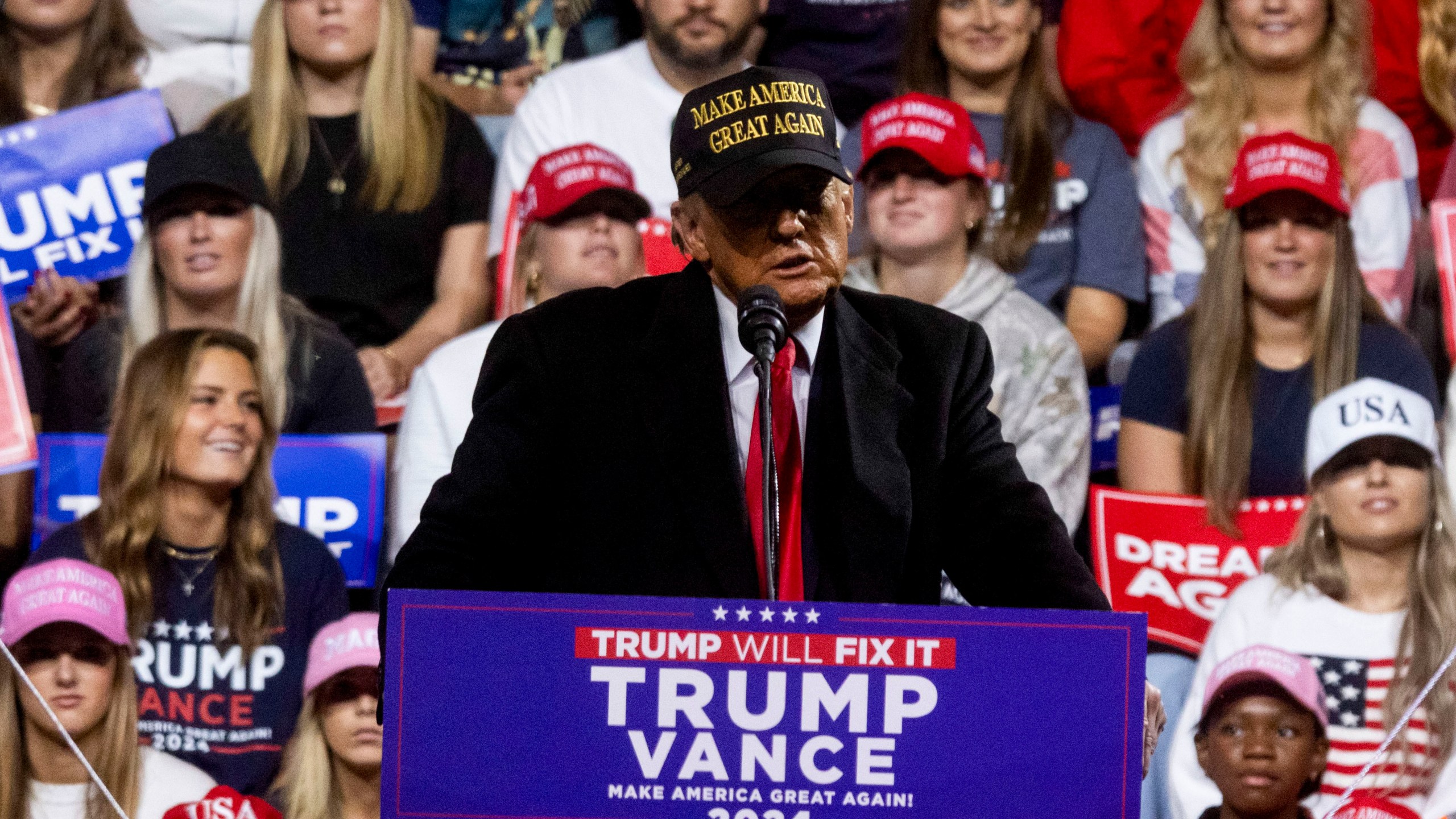 Former US President Donald Trump during a campaign event at Atrium Health Amphitheater in Macon, Georgia, US, on Sunday, Nov. 3, 2024.