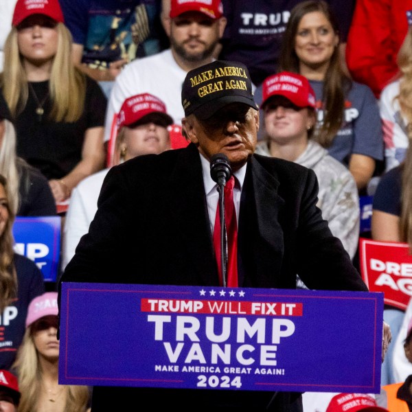 Former US President Donald Trump during a campaign event at Atrium Health Amphitheater in Macon, Georgia, US, on Sunday, Nov. 3, 2024.