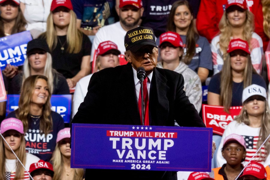 Former US President Donald Trump during a campaign event at Atrium Health Amphitheater in Macon, Georgia, US, on Sunday, Nov. 3, 2024.