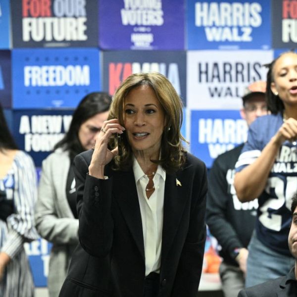 Vice President Kamala Harris phone banks in Washington, DC on Nov. 5, 2024.