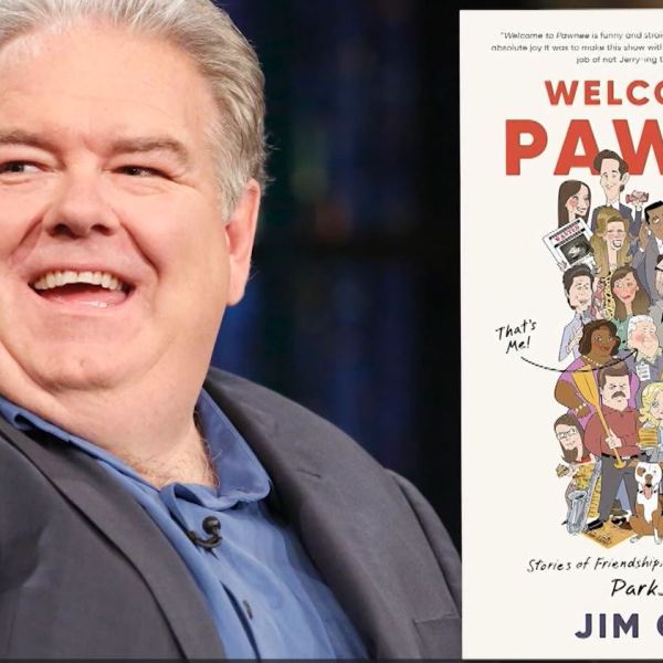 Jim O'Heir and the cover of his book Welcome to Pawnee.