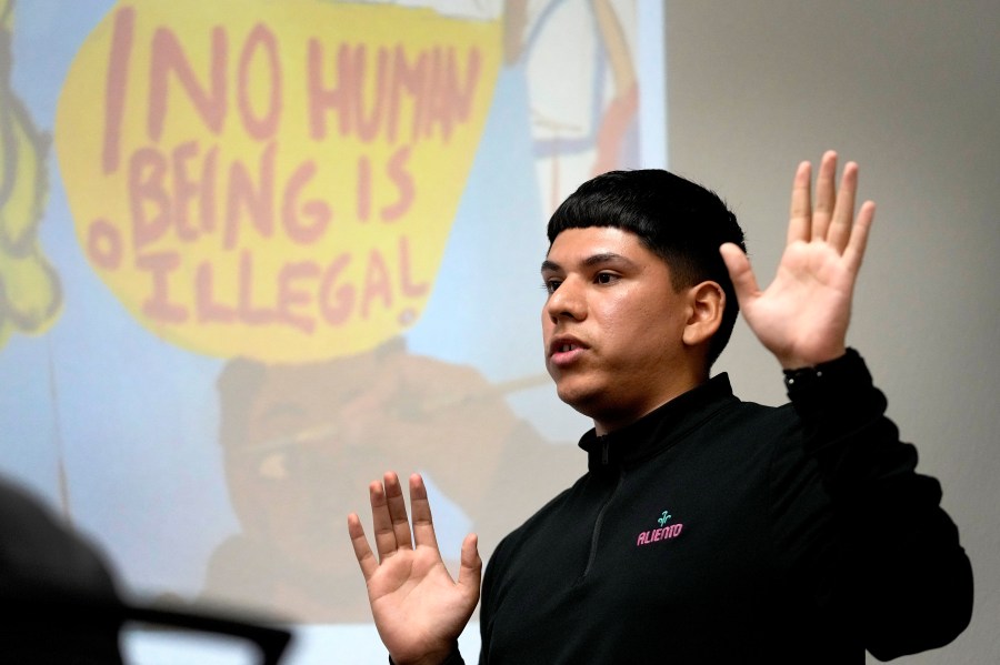 Pedro Gonzalez-Aboyte speaks during a training session at Paradise Valley High School, Tuesday, Nov. 12, 2024, in Paradise Valley, Ariz. (AP Photo/Matt York)