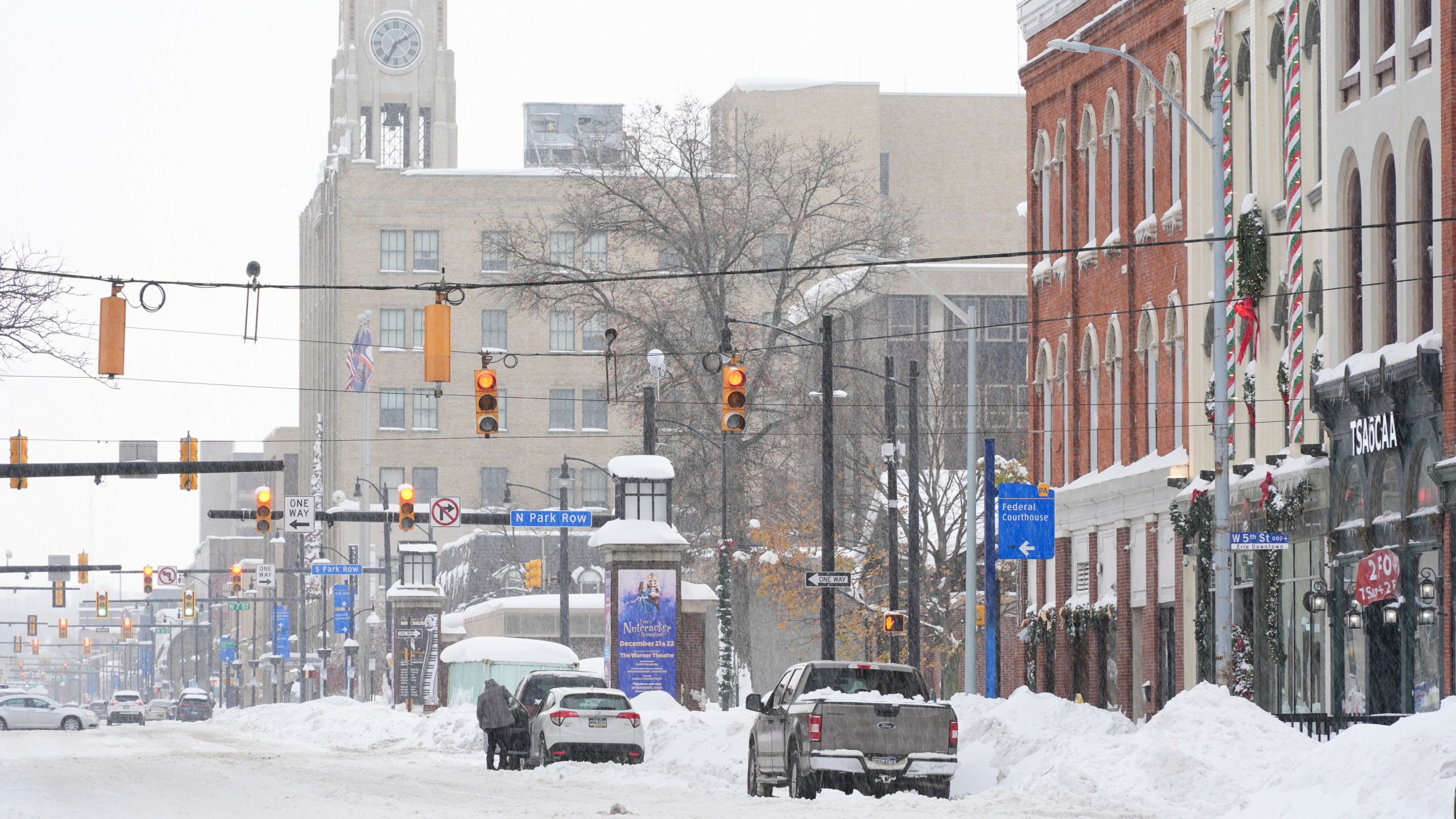 State Street, one of the main streets in downtown Erie, Pa., is covered in snow Tuesday, Nov. 5, 2024. (AP Photo/Gene J. Puskar)