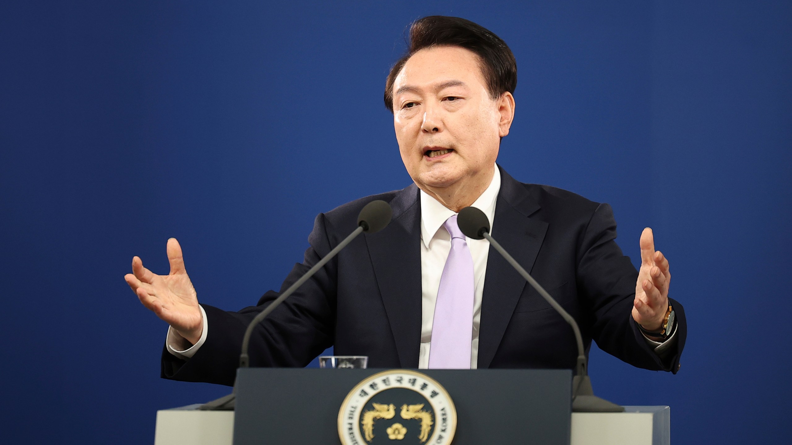 FILE - South Korean President Yoon Suk Yeol answers a reporter's question during a news conference at the Presidential Office in Seoul, South Korea, Thursday, Nov. 7, 2024. (Kim Hong-Ji/Pool Photo via AP, File)