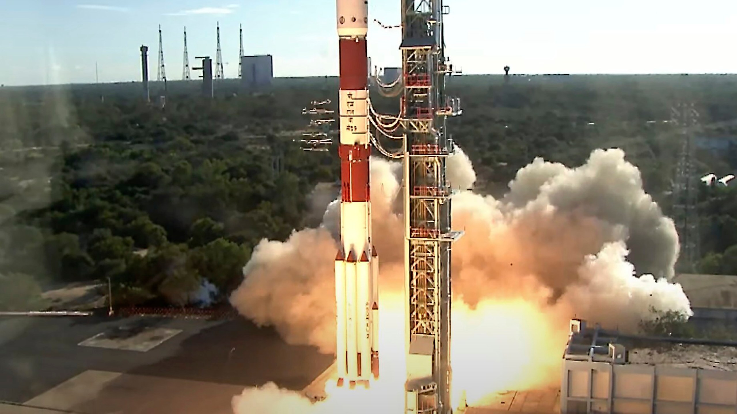 This image taken from video provided by the European Space Agency shows the launching of a rocket from the Satish Dhawan Space Centre in Sriharikota, India on Thursday, Dec. 5, 2024. A pair of European satellites rocketed into orbit Thursday on the first mission to create artificial solar eclipses through fancy formation flying in space. (European Space Agency via AP)